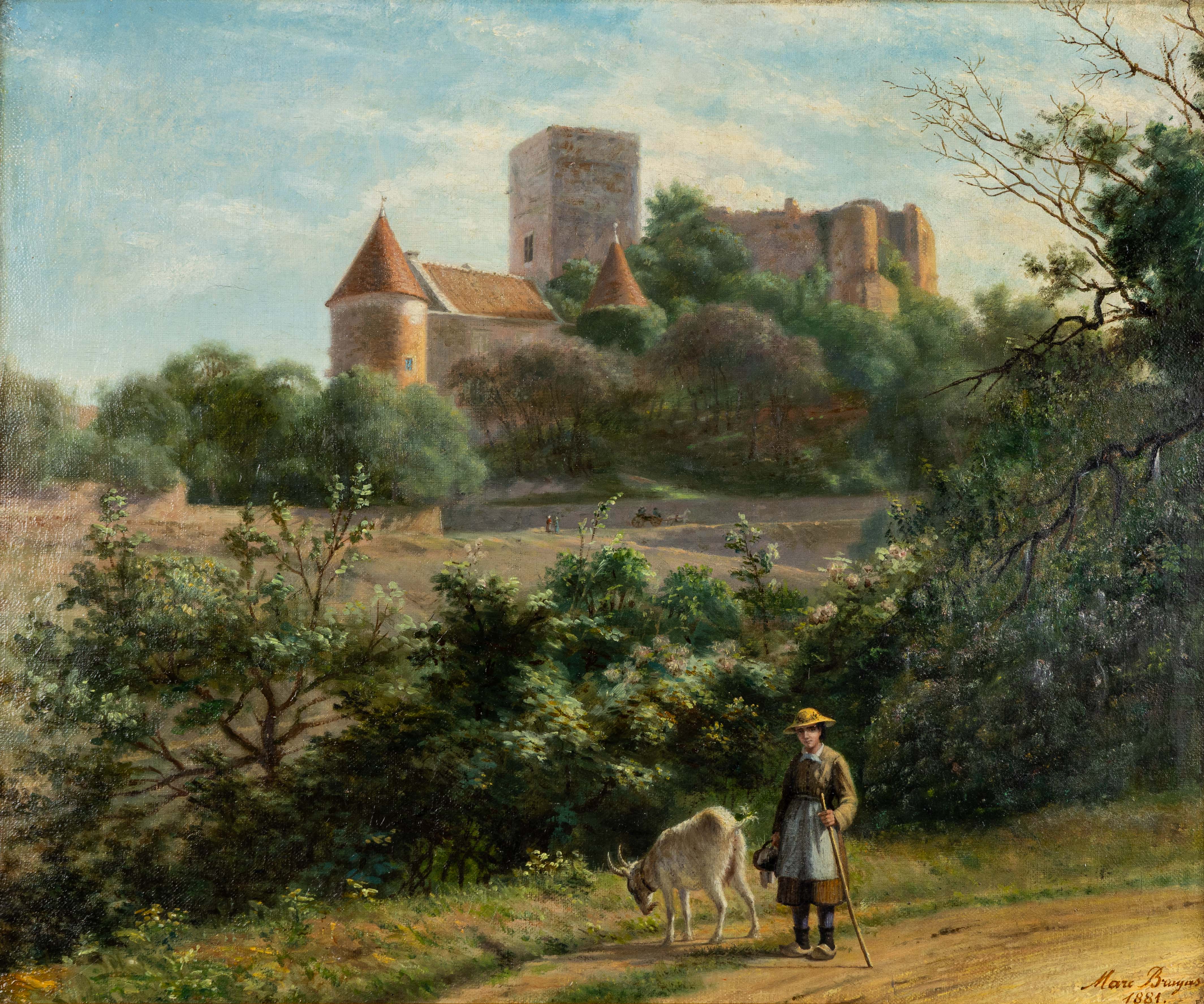 Marc Buyras (1821-1896) 'Landschap met een kasteel en geitenhoedster', olie op doek. (1881) (L:56 x H:46 cm)